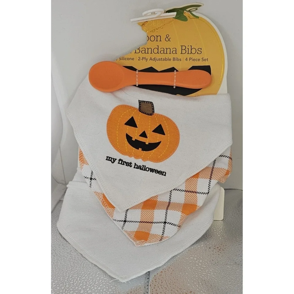 Lila and Jack My First Halloween Pumpkin Bandana Bib & Spoon Set 4 Piece Set NWT